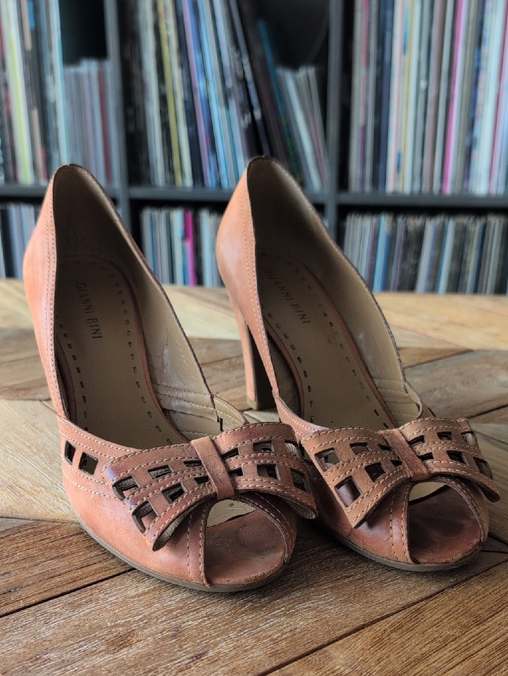 Gianni Bini Tan Woven Peep-Toe Heels